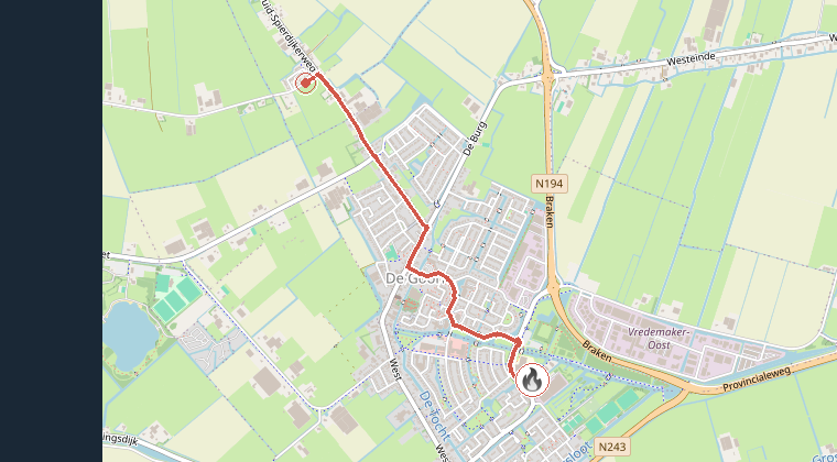 Kaart van de omgeving van de melding, met de kazerne die is gealarmeerd