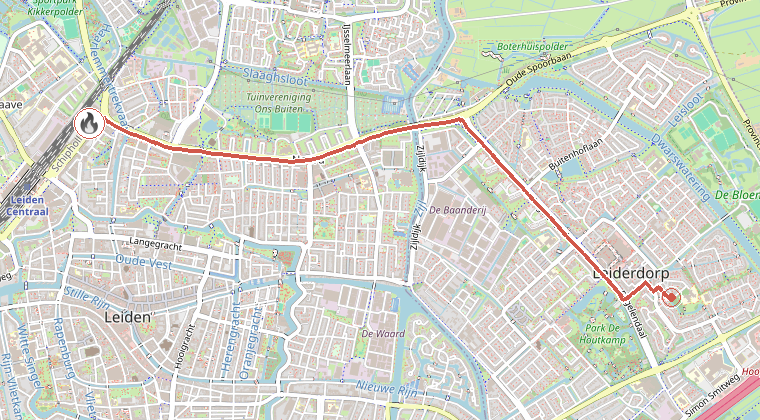 Kaart van de omgeving van de melding, met de kazerne die is gealarmeerd