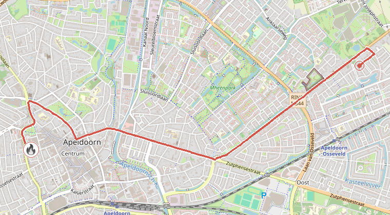 Kaart van de omgeving van de melding, met de kazerne die is gealarmeerd