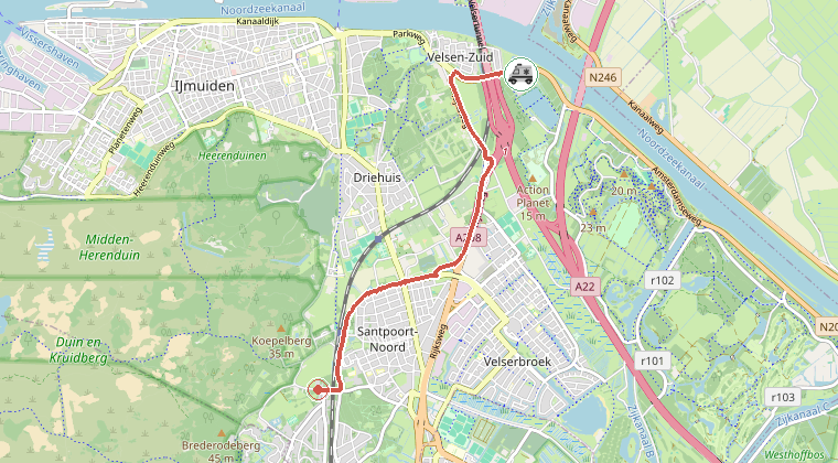 Kaart van de omgeving van de melding, met de kazerne die is gealarmeerd