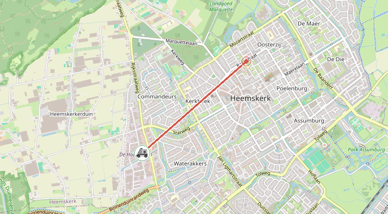Kaart van de omgeving van de melding, met de kazerne die is gealarmeerd