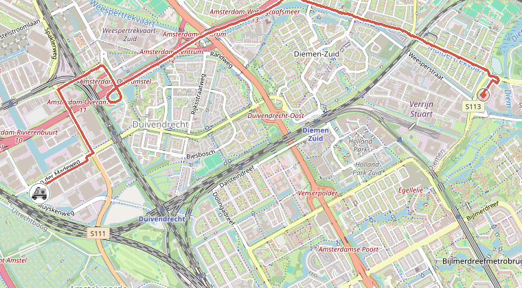 Kaart van de omgeving van de melding, met de kazerne die is gealarmeerd