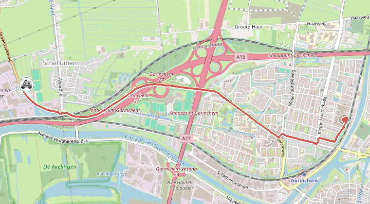 Kaart van de omgeving van de melding, met de kazerne die is gealarmeerd