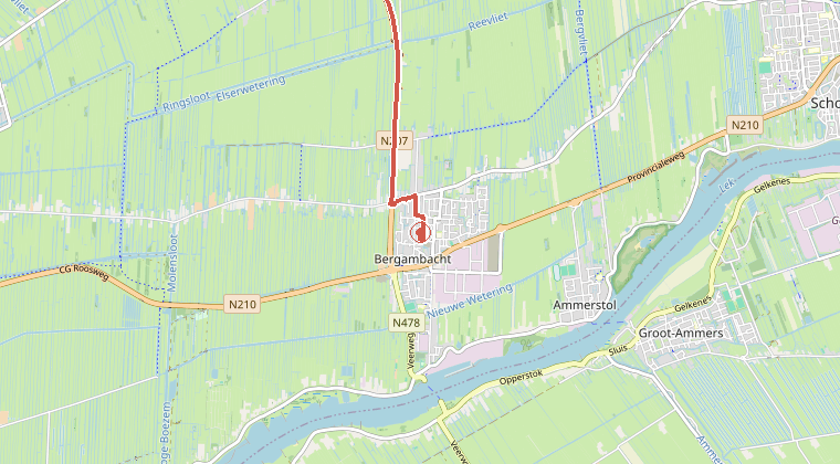 Kaart van de omgeving van de melding, met de kazerne die is gealarmeerd