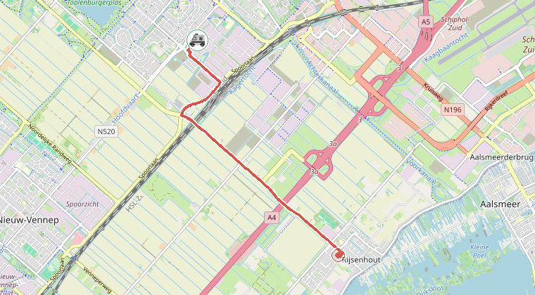 Kaart van de omgeving van de melding, met de kazerne die is gealarmeerd