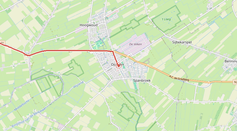 Kaart van de omgeving van de melding, met de kazerne die is gealarmeerd