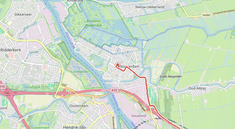 Kaart van de omgeving van de melding, met de kazerne die is gealarmeerd