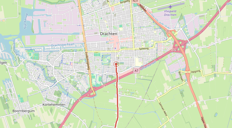 Kaart van de omgeving van de melding, met de kazerne die is gealarmeerd