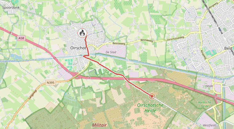 Kaart van de omgeving van de melding, met de kazerne die is gealarmeerd