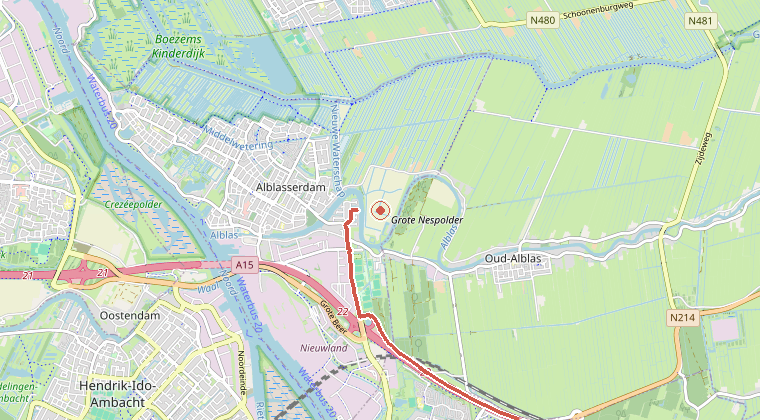 Kaart van de omgeving van de melding, met de kazerne die is gealarmeerd