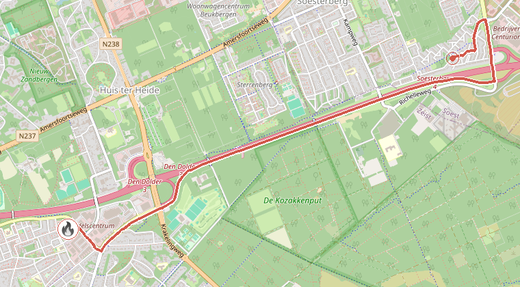 Kaart van de omgeving van de melding, met de kazerne die is gealarmeerd