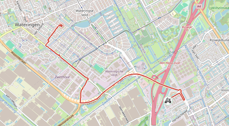 Kaart van de omgeving van de melding, met de kazerne die is gealarmeerd
