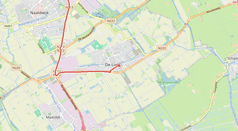 Kaart van de omgeving van de melding, met de kazerne die is gealarmeerd