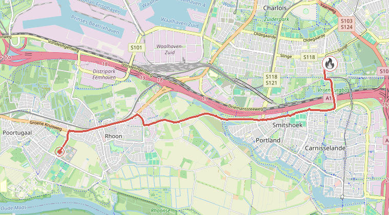 Kaart van de omgeving van de melding, met de kazerne die is gealarmeerd