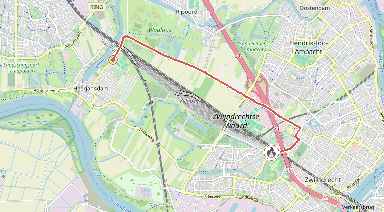 Kaart van de omgeving van de melding, met de kazerne die is gealarmeerd