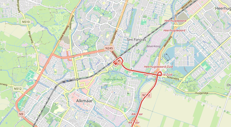 Kaart van de omgeving van de melding, met de kazerne die is gealarmeerd