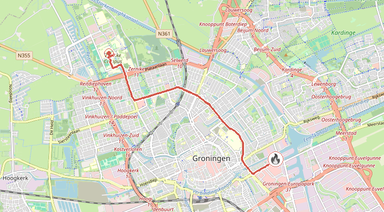 Kaart van de omgeving van de melding, met de kazerne die is gealarmeerd