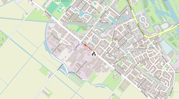 Kaart van de omgeving van de melding, met de kazerne die is gealarmeerd
