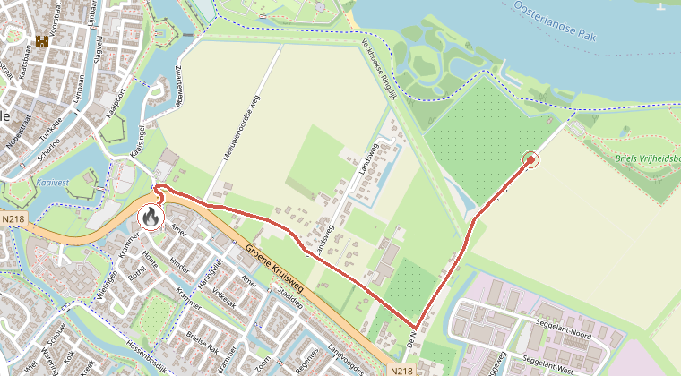 Kaart van de omgeving van de melding, met de kazerne die is gealarmeerd