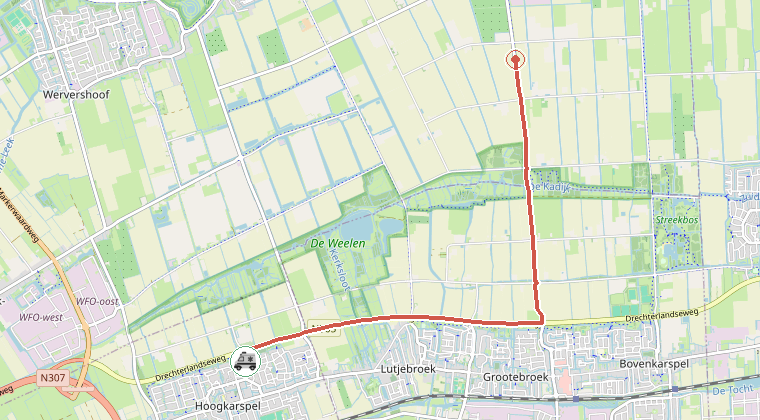 Kaart van de omgeving van de melding, met de kazerne die is gealarmeerd