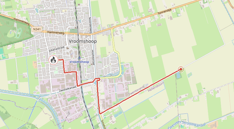 Kaart van de omgeving van de melding, met de kazerne die is gealarmeerd