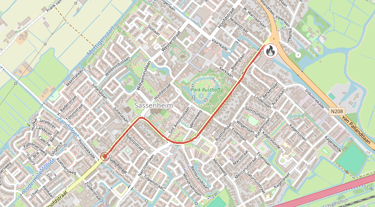 Kaart van de omgeving van de melding, met de kazerne die is gealarmeerd
