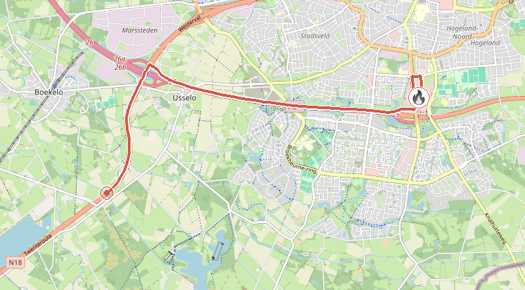Kaart van de omgeving van de melding, met de kazerne die is gealarmeerd