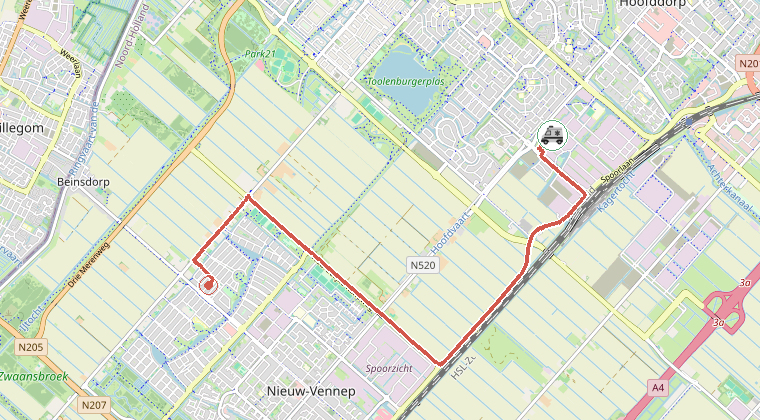 Kaart van de omgeving van de melding, met de kazerne die is gealarmeerd