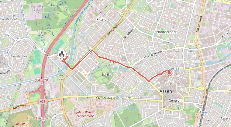 Kaart van de omgeving van de melding, met de kazerne die is gealarmeerd