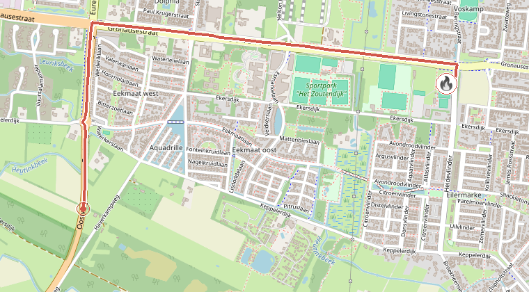 Kaart van de omgeving van de melding, met de kazerne die is gealarmeerd