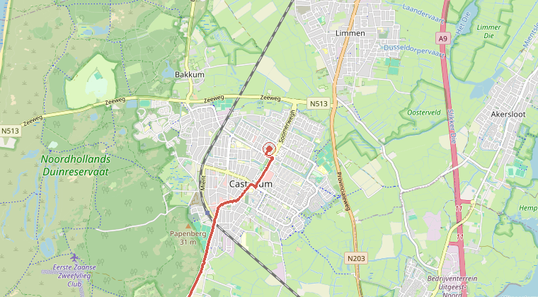 Kaart van de omgeving van de melding, met de kazerne die is gealarmeerd