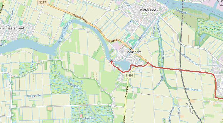 Kaart van de omgeving van de melding, met de kazerne die is gealarmeerd