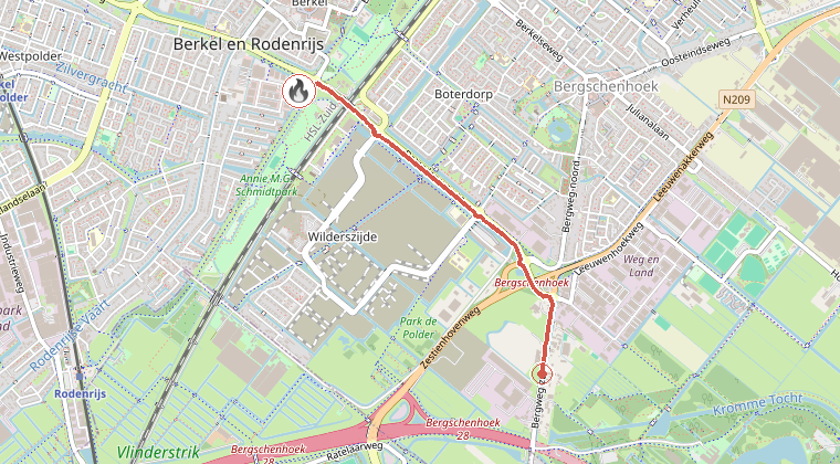 Kaart van de omgeving van de melding, met de kazerne die is gealarmeerd