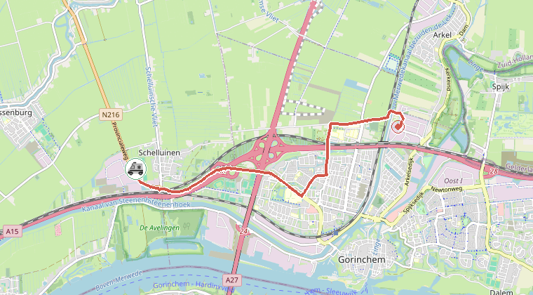 Kaart van de omgeving van de melding, met de kazerne die is gealarmeerd