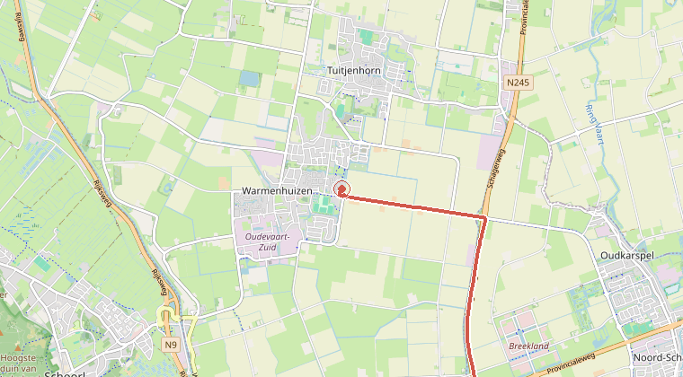 Kaart van de omgeving van de melding, met de kazerne die is gealarmeerd