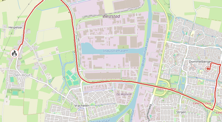 Kaart van de omgeving van de melding, met de kazerne die is gealarmeerd