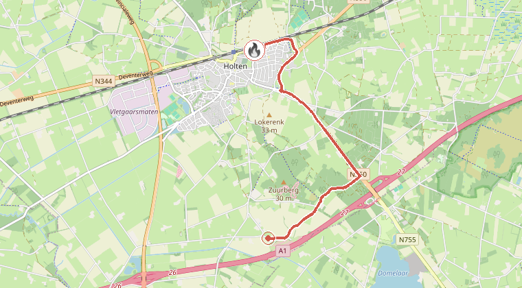 Kaart van de omgeving van de melding, met de kazerne die is gealarmeerd