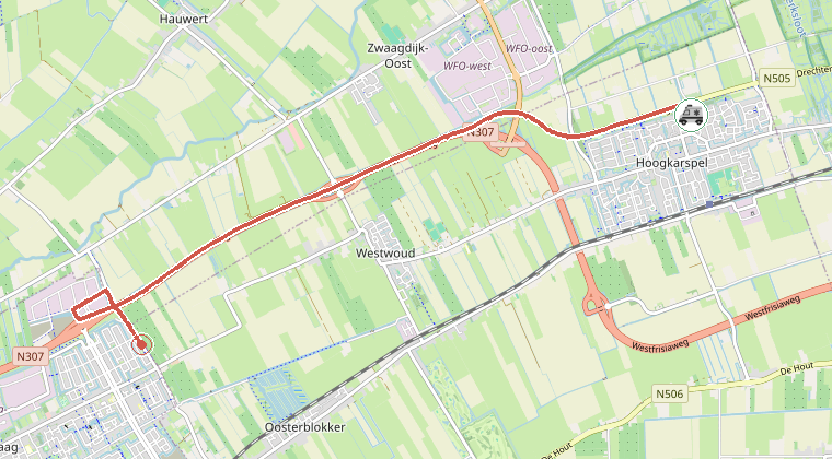 Kaart van de omgeving van de melding, met de kazerne die is gealarmeerd