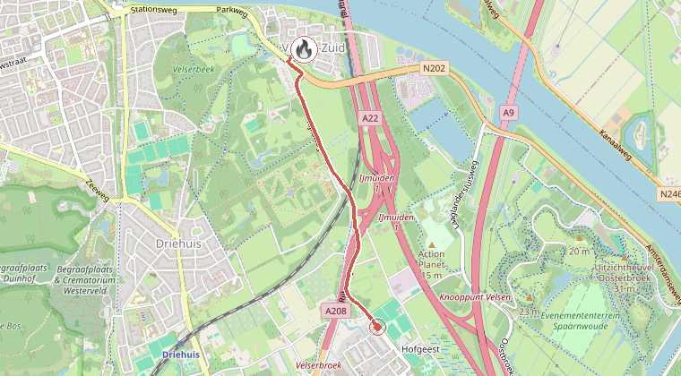 Kaart van de omgeving van de melding, met de kazerne die is gealarmeerd