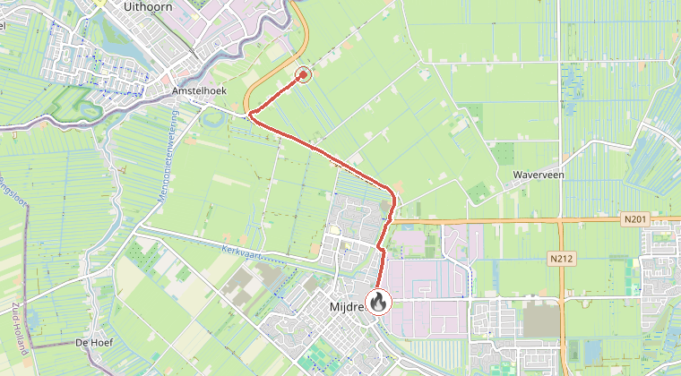 Kaart van de omgeving van de melding, met de kazerne die is gealarmeerd