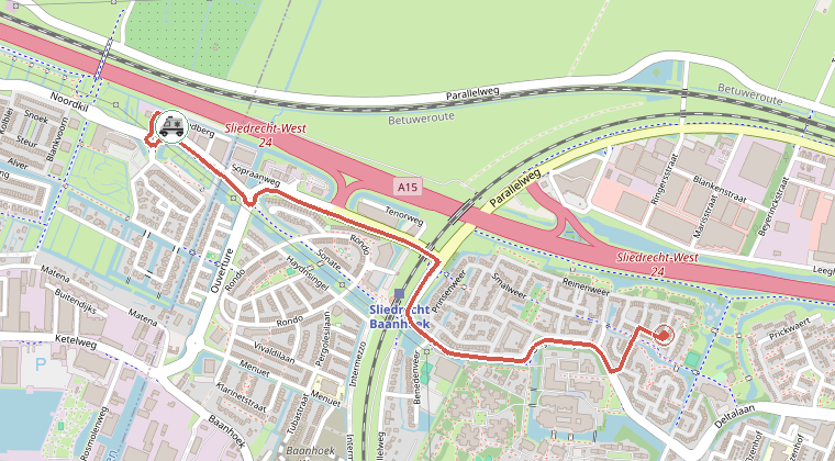 Kaart van de omgeving van de melding, met de kazerne die is gealarmeerd
