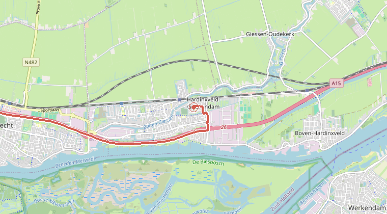 Kaart van de omgeving van de melding, met de kazerne die is gealarmeerd