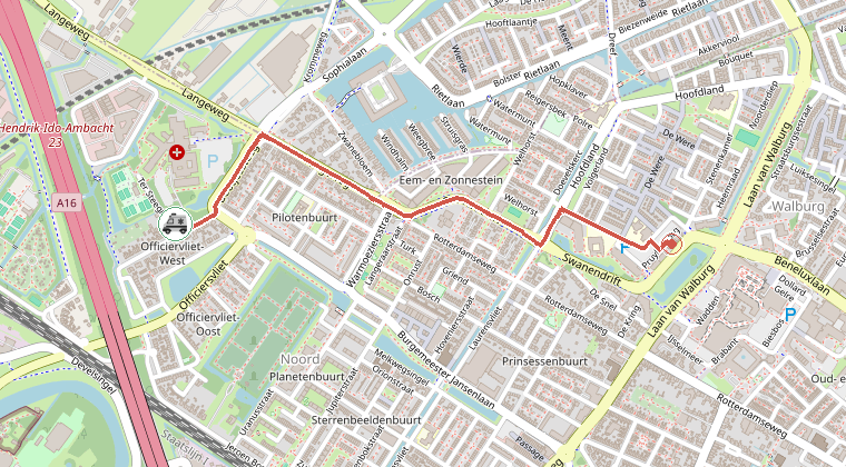 Kaart van de omgeving van de melding, met de kazerne die is gealarmeerd