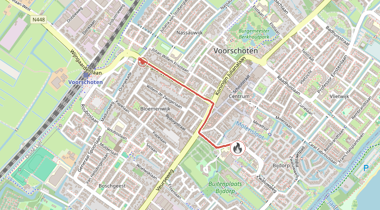 Kaart van de omgeving van de melding, met de kazerne die is gealarmeerd