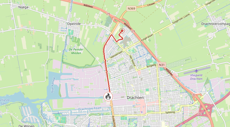 Kaart van de omgeving van de melding, met de kazerne die is gealarmeerd