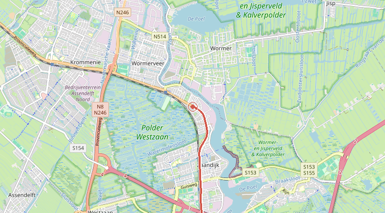 Kaart van de omgeving van de melding, met de kazerne die is gealarmeerd
