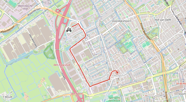 Kaart van de omgeving van de melding, met de kazerne die is gealarmeerd