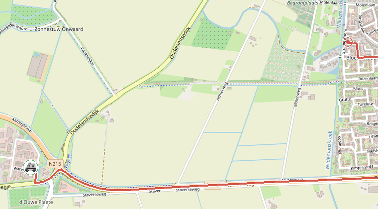 Kaart van de omgeving van de melding, met de kazerne die is gealarmeerd