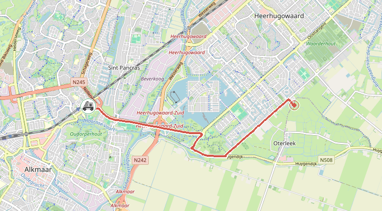 Kaart van de omgeving van de melding, met de kazerne die is gealarmeerd