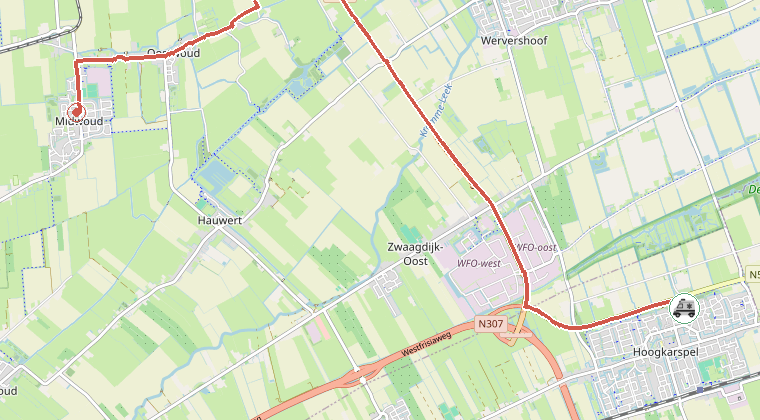 Kaart van de omgeving van de melding, met de kazerne die is gealarmeerd